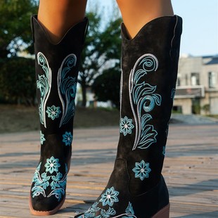 Boots 2025 Long Size Tub Heel Embroidered Chunky Big
