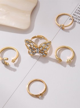 Diamond Butterfly Finger Ring Set 5 Gold Star Moon Combo Ope