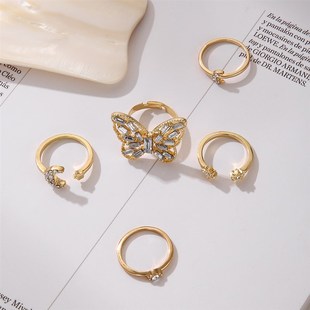 Diamond Butterfly Finger Ring Set 5 Gold Star Moon Combo Ope