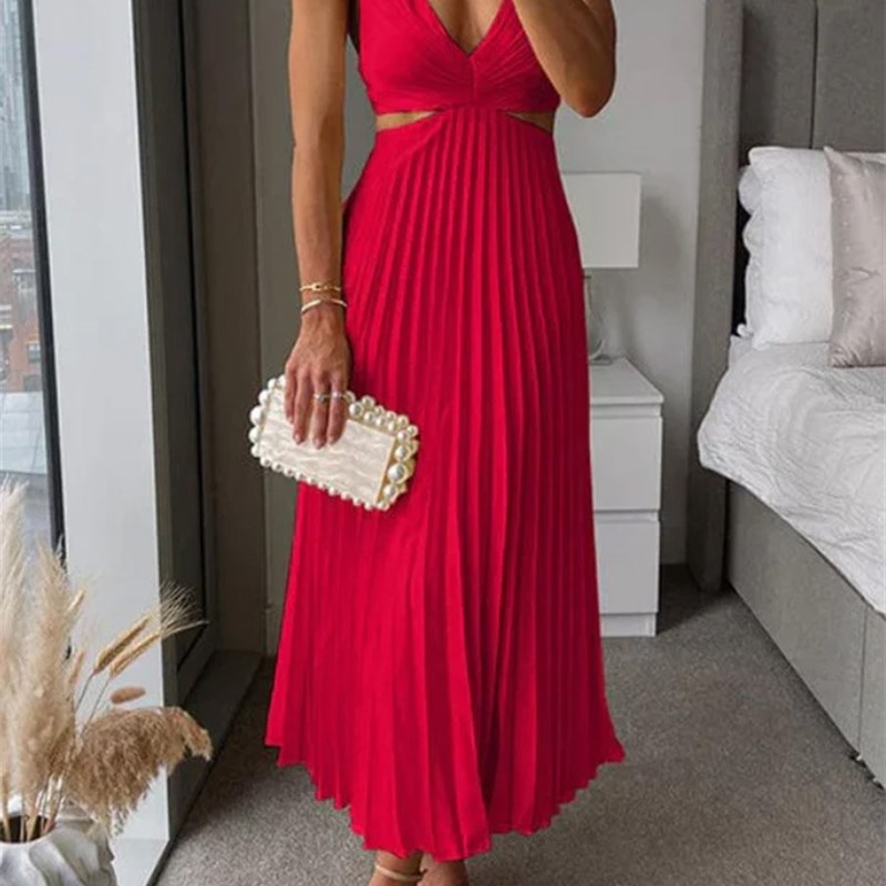 Elegant VNeck Sleeveless Hollow Back Pleated Dress 2025 Summ