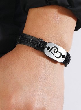 Black Leather Bracelet Handmade Stylish Patterns for MenMens