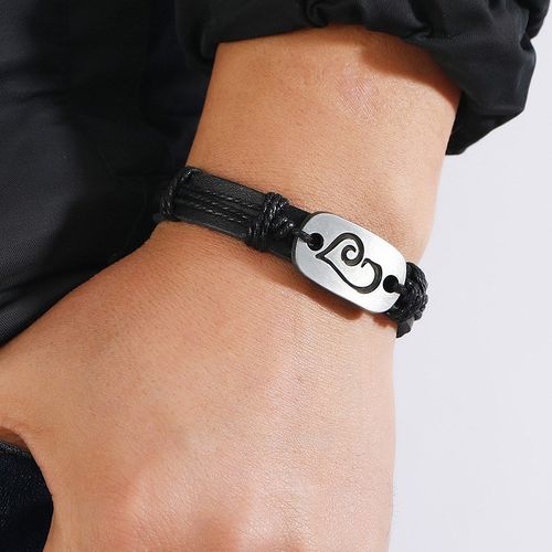 Black Leather Bracelet Handmade Stylish Patterns for MenMens