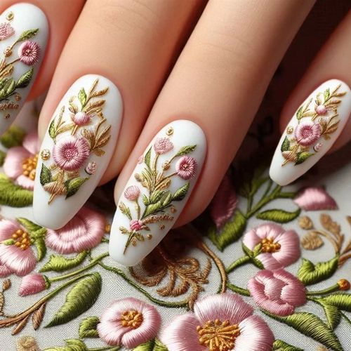 Pastel Embroidered Fake Nails WM146 Short T Chinese Style No