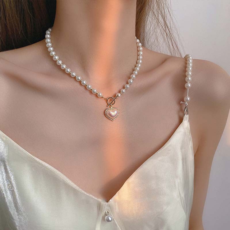 Pearl Heart Necklace Japanese Korean Light Luxury Womens Sum
