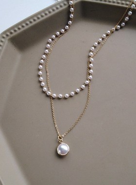 Double Layer Pearl Pendant Necklace Womens Simple Stylish Ch