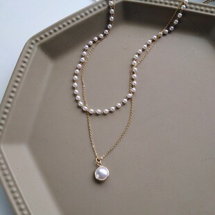 Pendant Necklace Womens Double Stylish Pearl Simple Layer