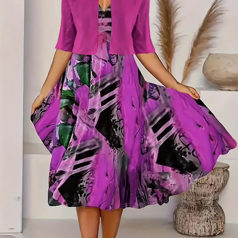 Printed Dress Open Cardigan Elegant Long Skirt Set for Women