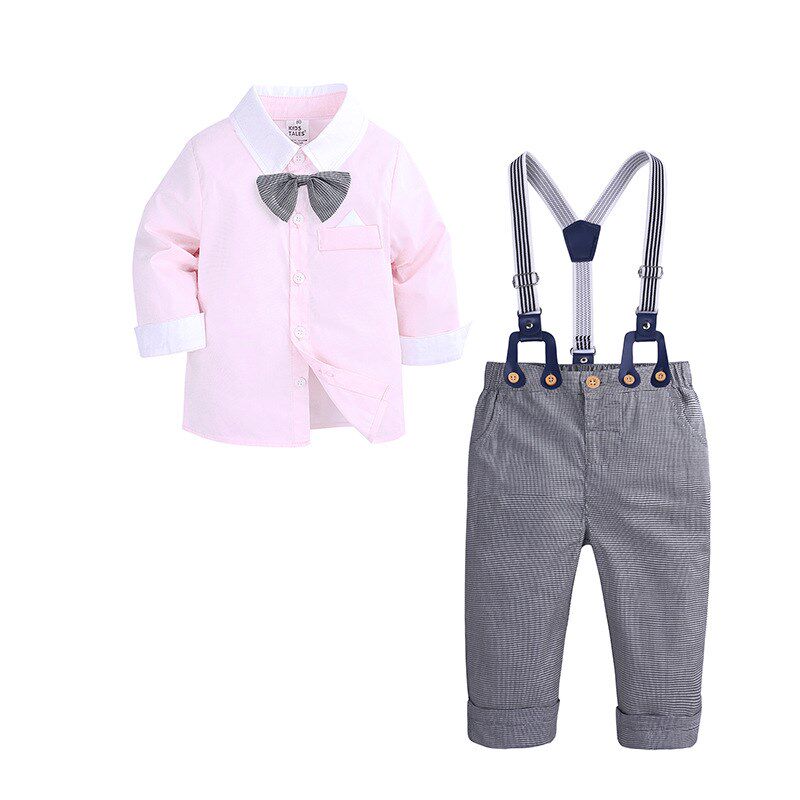 Child Long Sleeve Contrast Shirt Suspenders Pants Boys Gentl