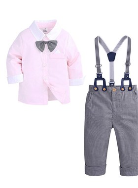 Child Long Sleeve Contrast Shirt Suspenders Pants Boys Gentl