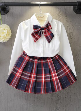 Bow Tie Shirt Plaid Skirt 2Piece Childrens School Uniform Se