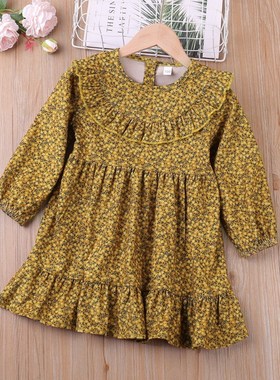 SpringFall Girls Dress Broken Flower Corduroy Long Sleeve Pa