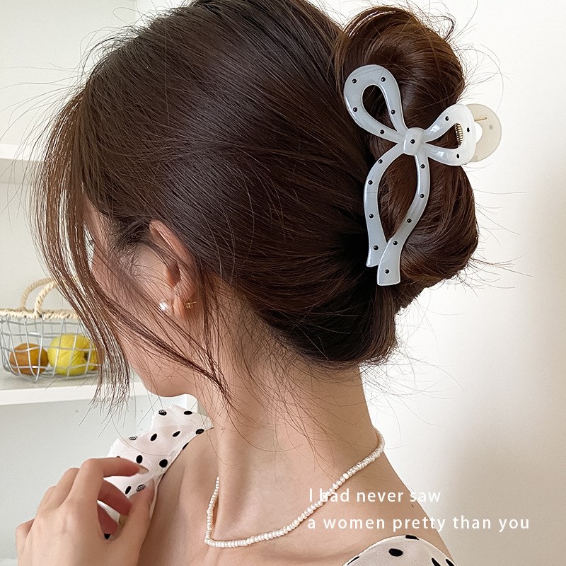 French Black White Polka Dot Large Hair Clip Backofhead Grab