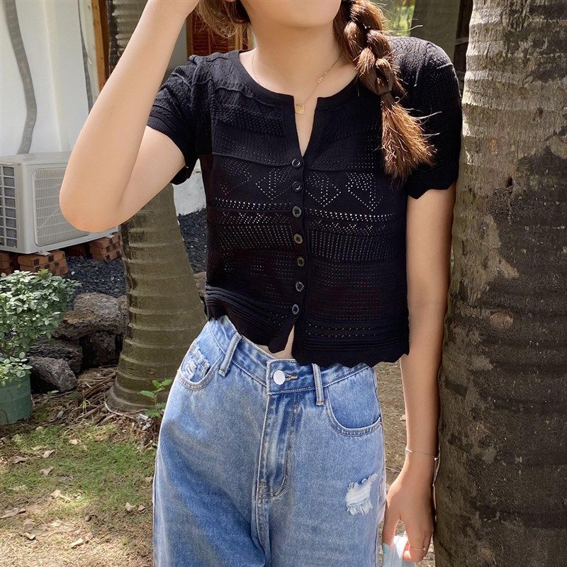 Ice Silk Knit Cardigan Womens 2025 Summer Hollow VNeck Slimm