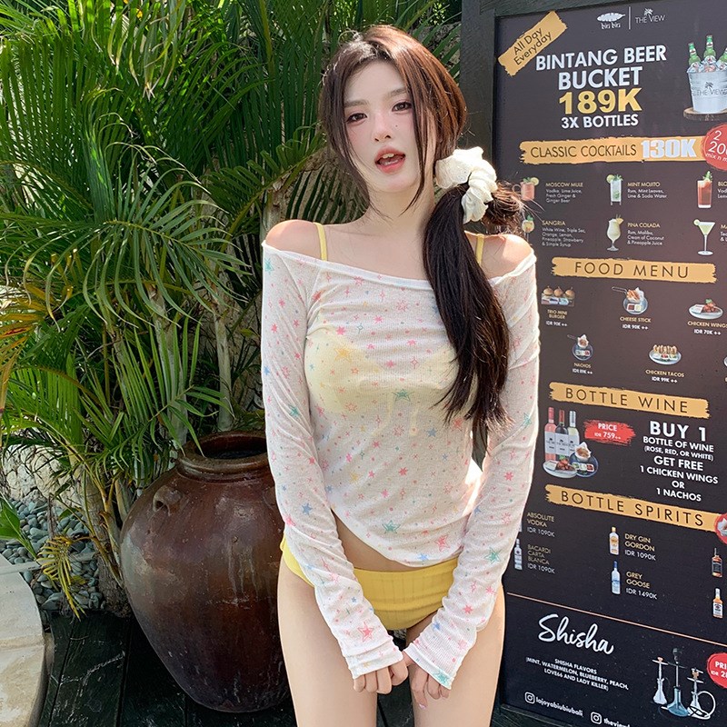 Sweet Star SemiTransparent Long Sleeve Blouse ThreePiece Bik