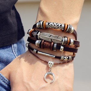and Braided Hook Beaded Feather Leather European American