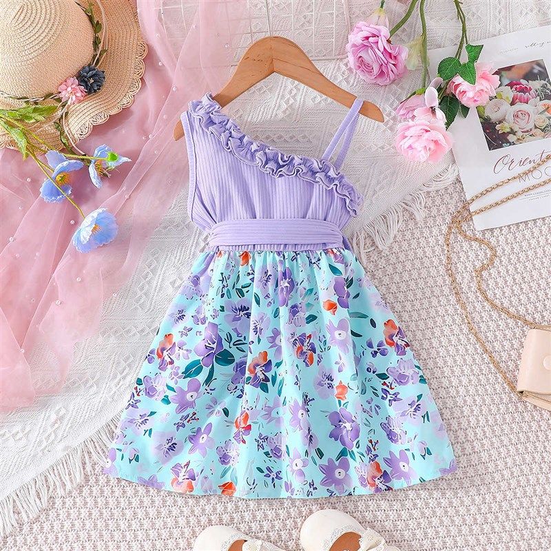 Simple Flower Print Aline Dress Sweet Girls Ribbed Strappy D