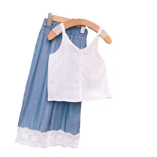 Tencel Denim Pants Summer Embroidered Lace White Strap Girls