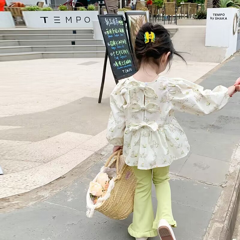 2025 Spring Girls 2Piece Set Printed Rabbit Bow Long Sleeve