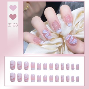 French Manicure Nails with Pearl Ribbon French Style Fake Na