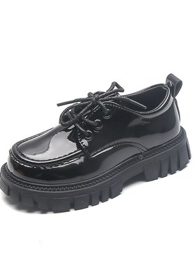 Black Thicksoled Kids Leather Shoes 2025 British Style for B
