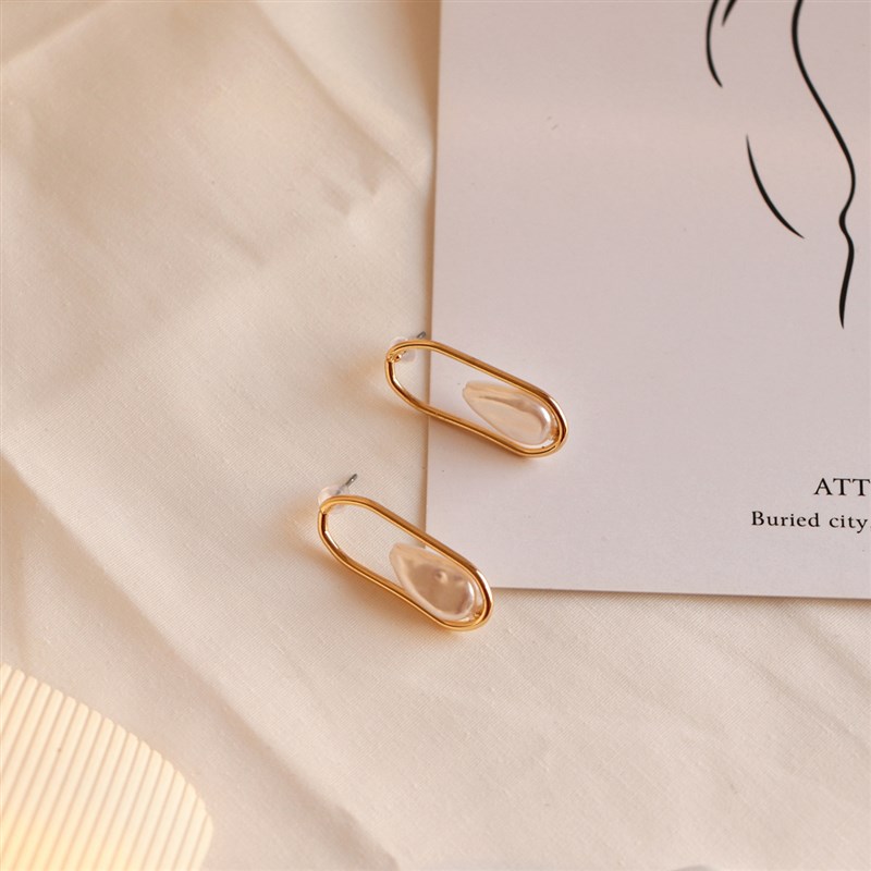Imitation Pearl Korean INS Oval Hollow Alloy Ear Studs Tempe