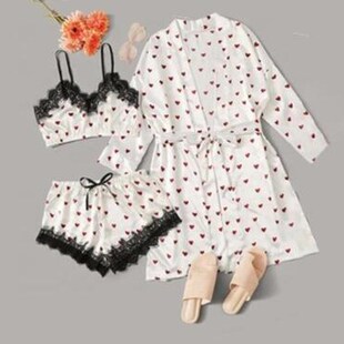 Sexy Elastic Satin Strappy Lace Lingerie Set Heart Print Tra