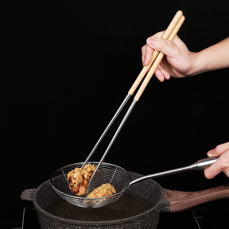 304 Stainless Steel Long Fry Chopsticks Beech Wood Handle Hi