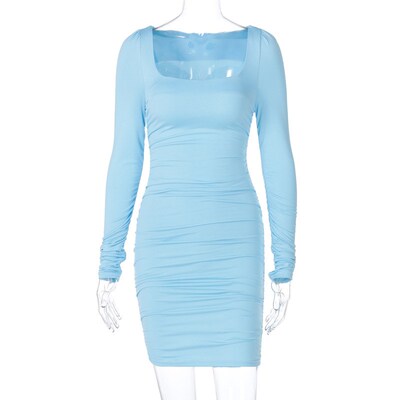 2025 SpringSummer Chic Slim Long Sleeve Wrinkle Solid Dress