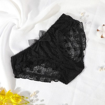 Black Hollow Lace Bow Breathable Cotton Crotch MidWaist Pant