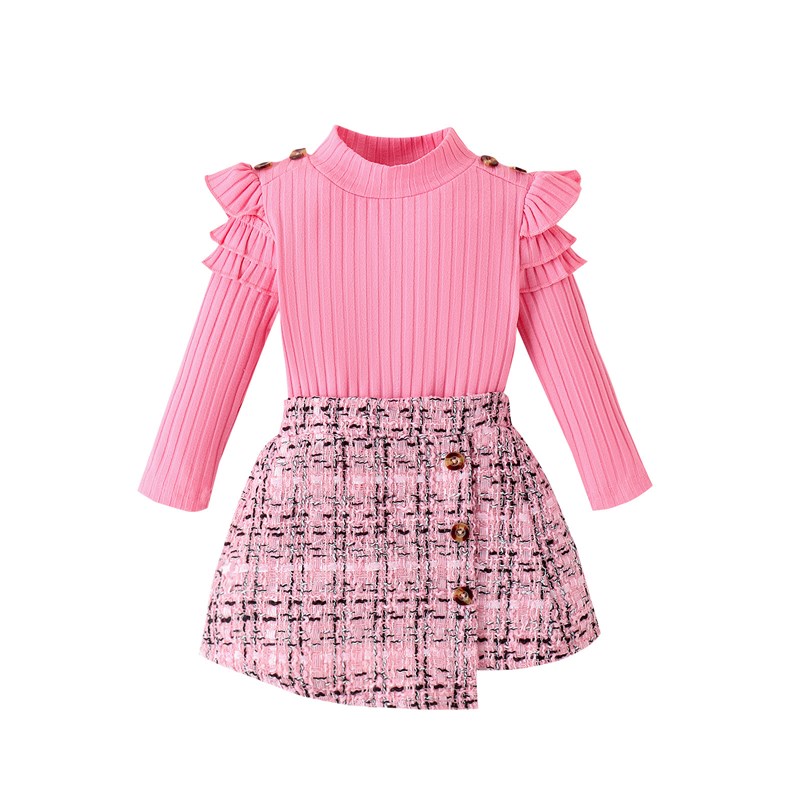Fall Winter Kids High Collar Top Plaid Tweed Skirt Girls Sui