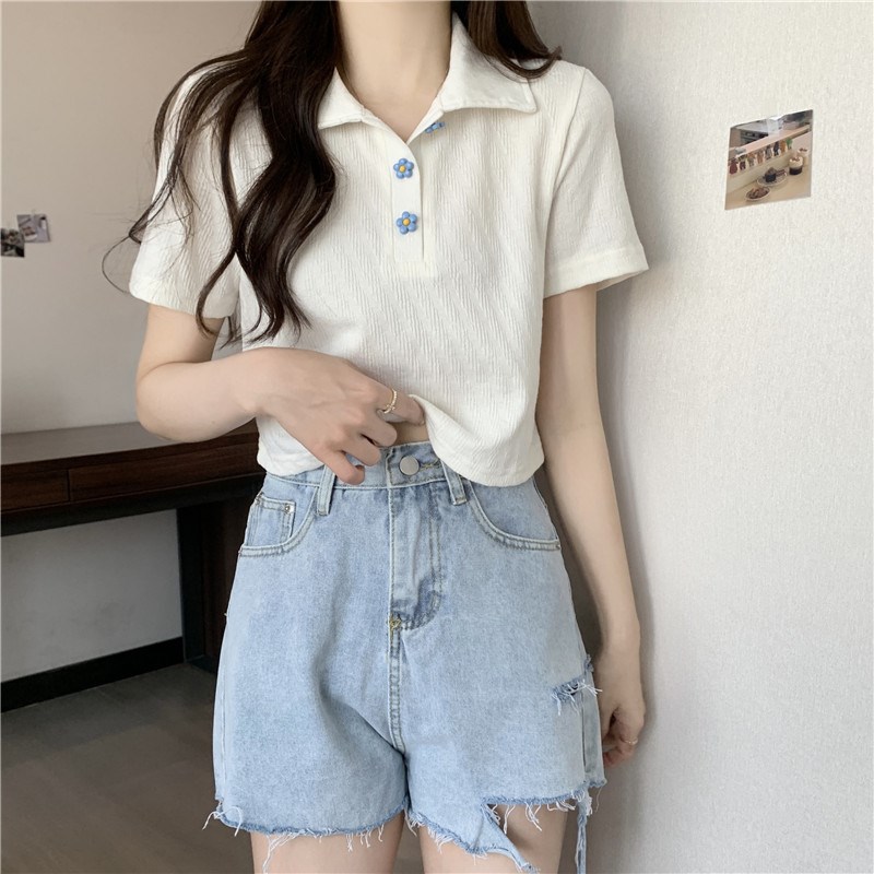 Short Polo Collar Tee Summer Hot Girl Right Shoulder White T
