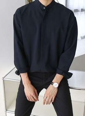 Light Mature GrayBlue Collared Shirt Casual Shirt with Drape