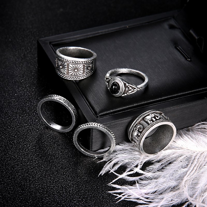 Joint Rings Bohemian Style Tribal Black Gemstone 5Piece Set