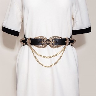 Elastic Hollow Womens Waist Cors Double Chains Buckle