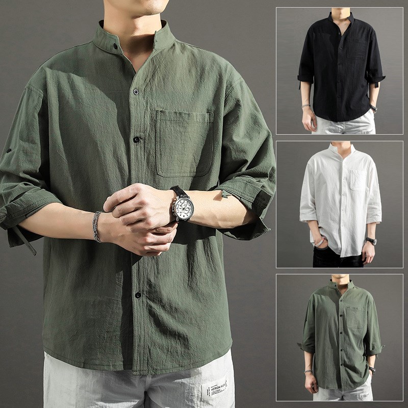 Summer 2025 Mens Cotton Linen Shirt 78 Sleeves Japanese Styl