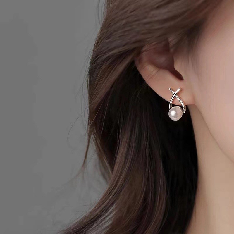 Cross Pearl Earrings for Women Ins Fashion Light Luxury Swee