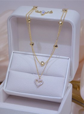 Doublelayer Heartshaped Necklace Gold Flash Zirconia Clavicl