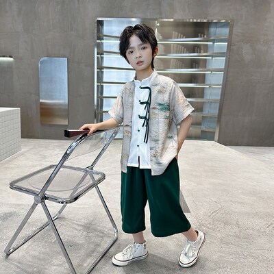 Chinese Style Hanfu TwoPiece Set for Boys Kids Tang Suit Sum