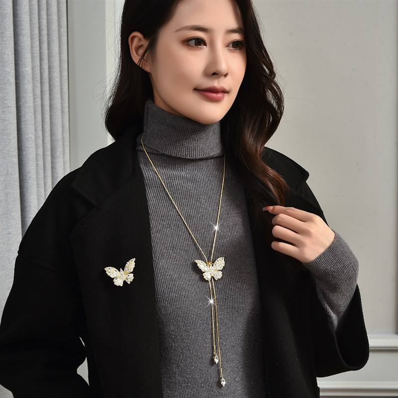 Fall Winter Crystal Butterfly Long Necklace for Women 2Way W