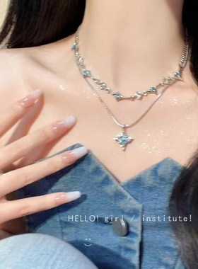 Doublelayer Blue Tetragram Zircon Necklace Womens Summer Ins