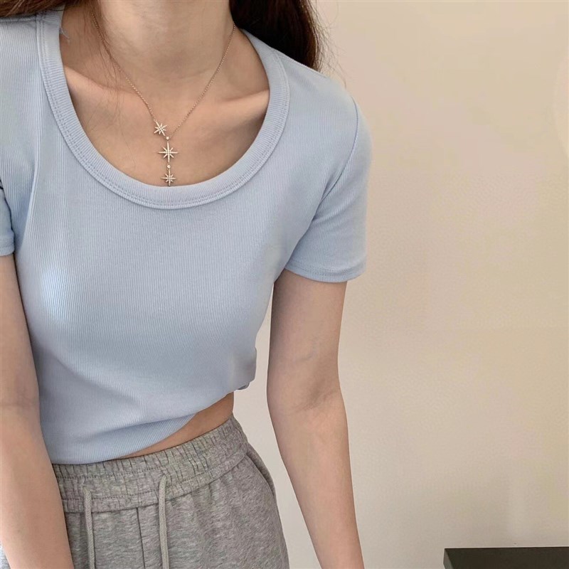 Korean Style Macaron Thread Cotton Tshirt Summer Versatile U