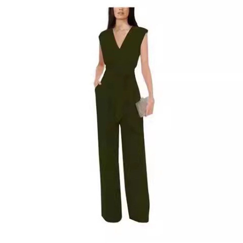 Summer 2025 VNeck Sleeveless Jumpsuit Womens Solid Color Cas