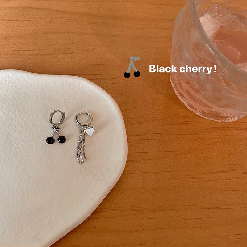 Sweet Chic Asymmetric Earrings Cherry Heart Studs for Women