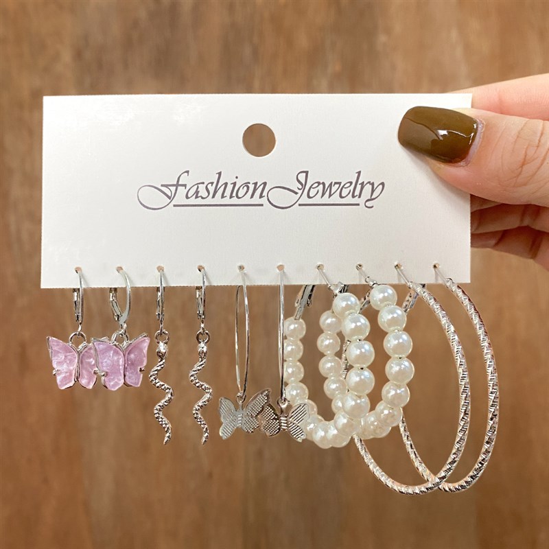 Pearl Fashion Earring Set Vintage Butterfly Snake 5Piece Stu