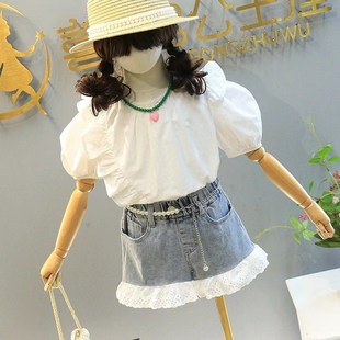 Set Blouse Lace 2025 Denim Sleeves Girls Bubble Summer with
