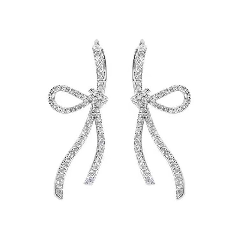 Silver Diamond Bow Tassel Earrings Fashionable Exquisite for