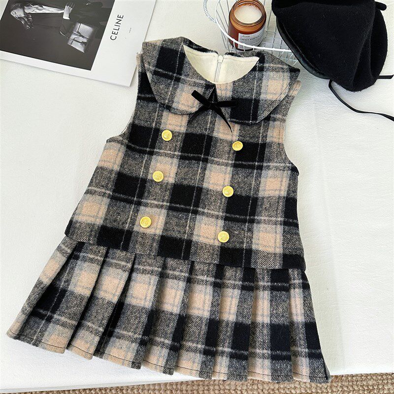 England Red Plaid Vest Dress for Winter 2025 Girl Doublebrea