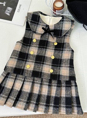 England Red Plaid Vest Dress for Winter 2025 Girl Doublebrea