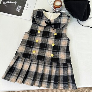 England Red Plaid Vest Dress for Winter 2025 Girl Doublebrea