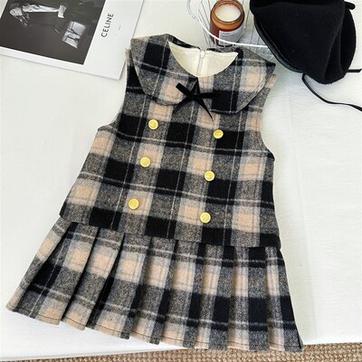 England Red Plaid Vest Dress for Winter 2025 Girl Doublebrea